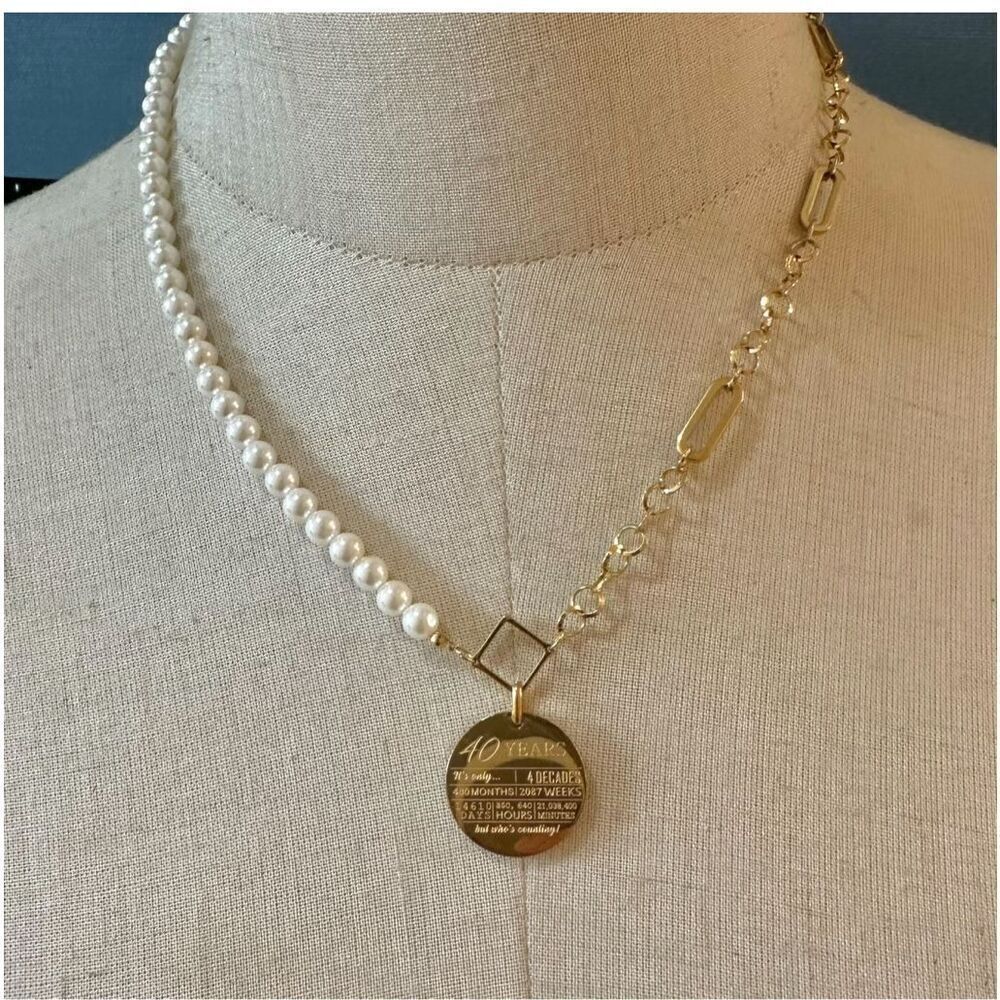 Half  faux Pearl Half Chain Necklace with Gold Plated  40 year Coin pendant neck